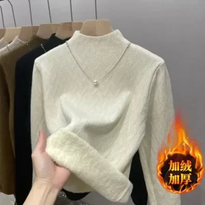 Sweater For Women Winter Plush Velvet Lined Thicken Half turtleneck Skin-friendly Jacquard Stripes Pullover Thermal Tops Sweater