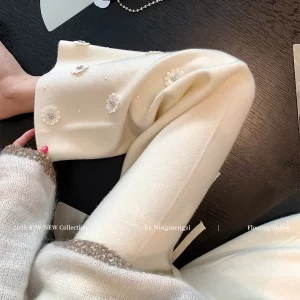 Lazy Style White Floral Beaded Knit Wide-Leg Pants for Women 2025 Autumn Winter New Draped Slimming Versatile Straight Pants