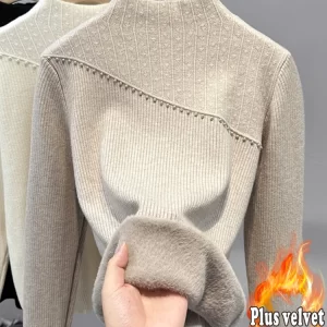 One-piece Thickened Fleece Sweater for Women, Half Turtleneck Base Shirt, Inner Wear, Autumn Winter New Knitted Pullover Top