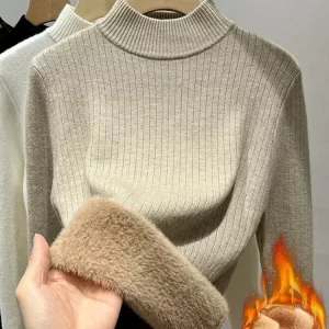 Winter Warm Sweater Pullover Women Slim Thicken Plush Velvet Lined Knitwear Jumper Korean Half Turtleneck Poleras Soft Knit Tops